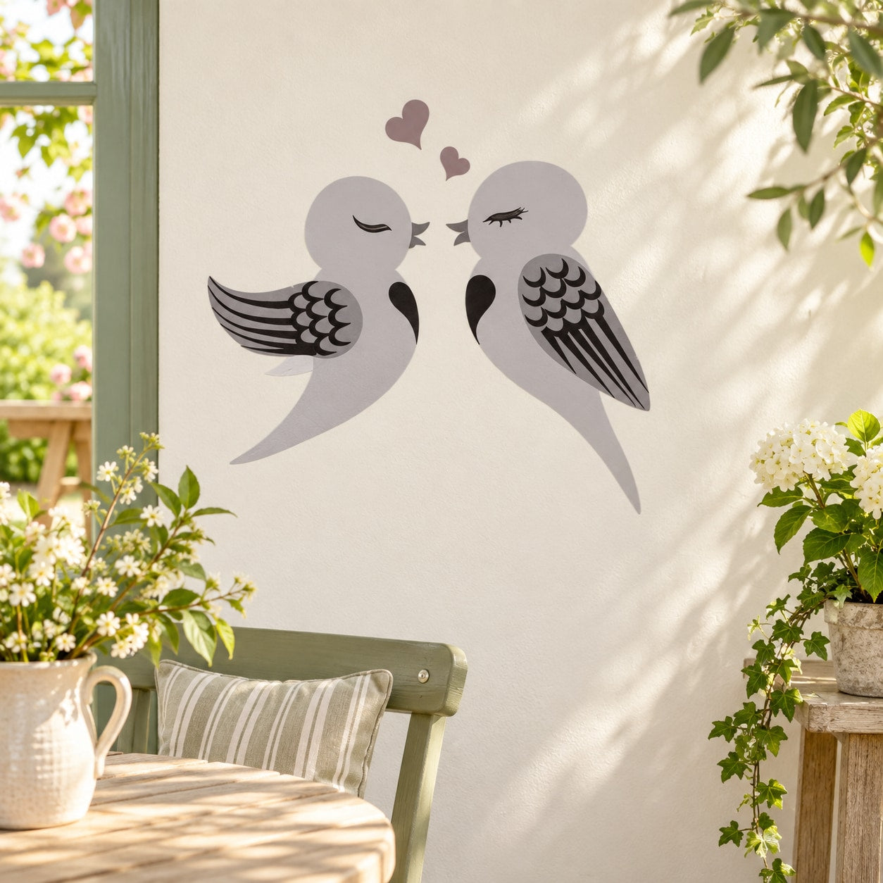 Love birds wall sticker with two gray birds facing each other and small hearts
