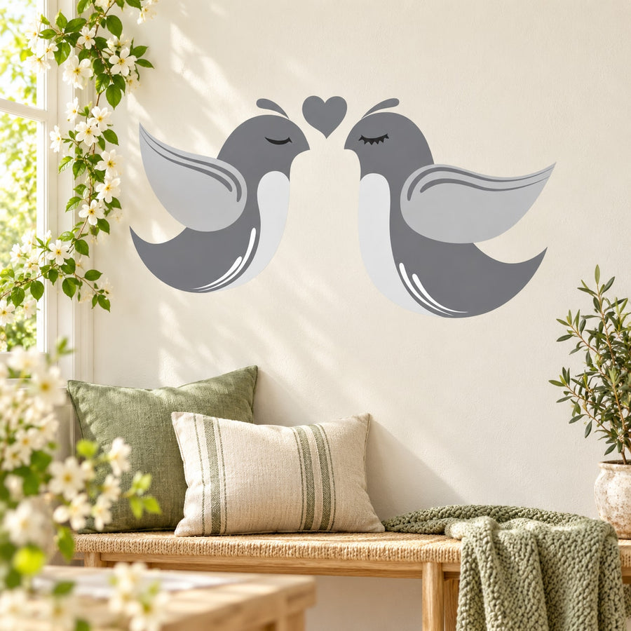 Two gray love birds with a heart center wall sticker