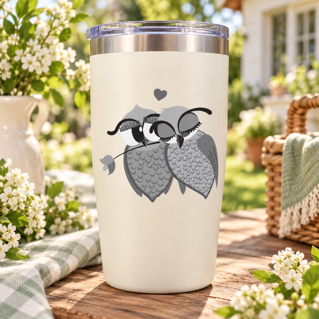 Cute gray owl couple sticker with heart above, love theme graphic