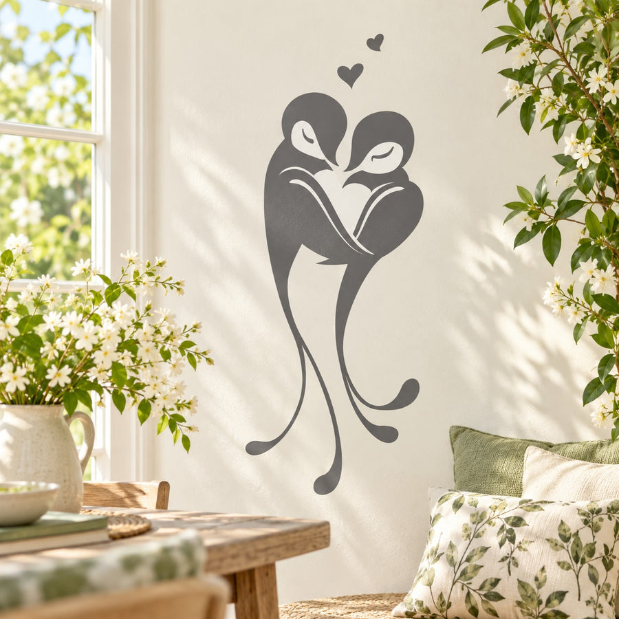 Love birds heart sticker, two dark bird silhouettes forming a heart shape
