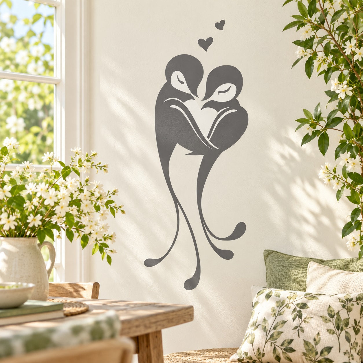 Love birds heart sticker, two dark bird silhouettes forming a heart shape