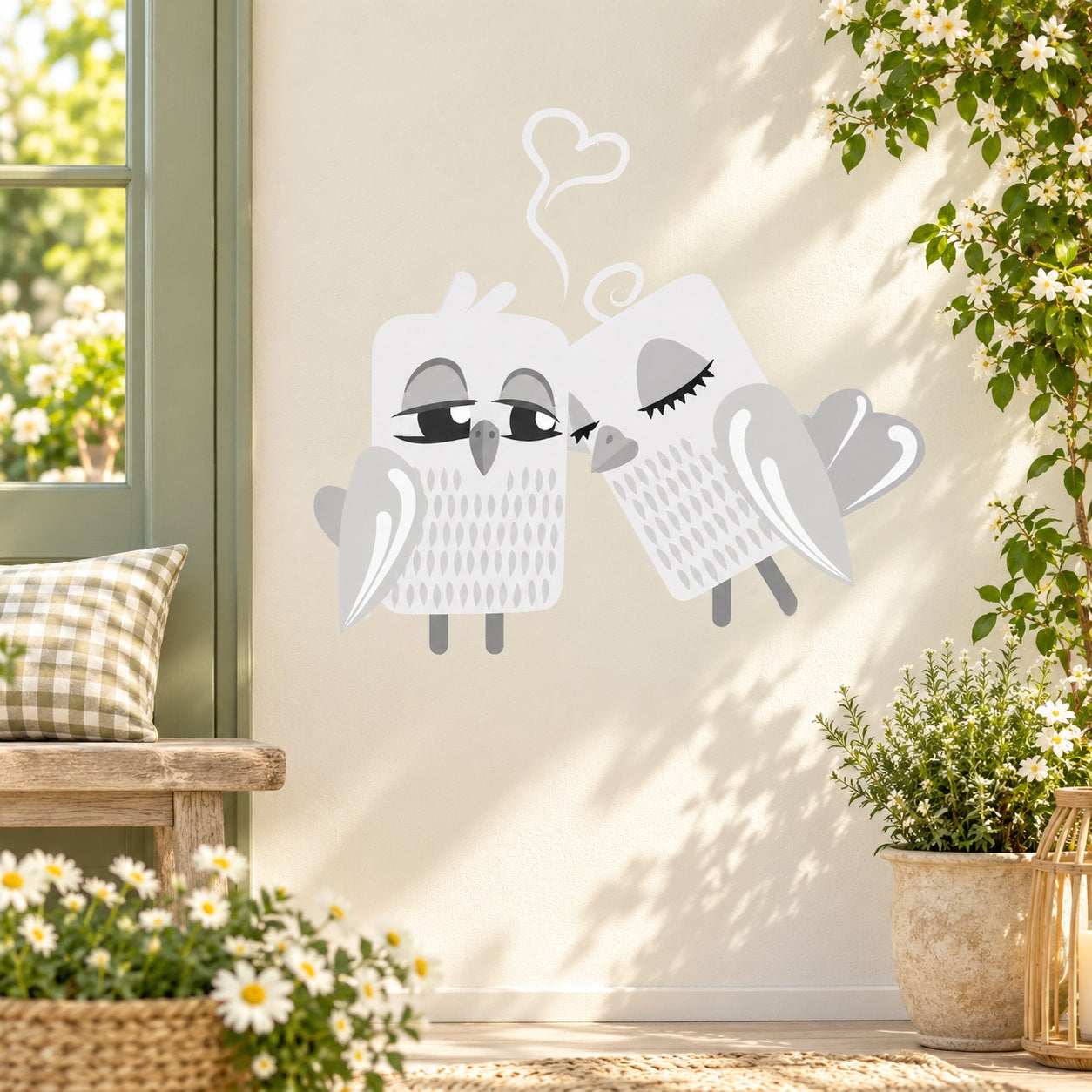 Cute owl couple sticker with two gray cartoon owls facing each other on a white outline