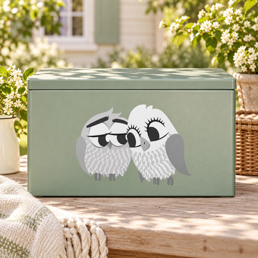 Cartoon owl sticker set with two owls wearing glasses on a light green background