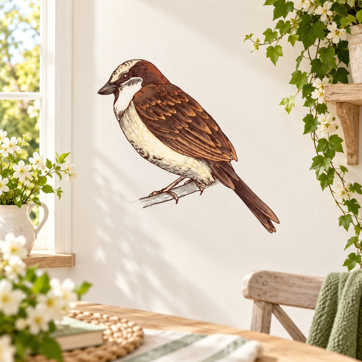Perched bird sticker of a brown and white songbird with outstretched feet