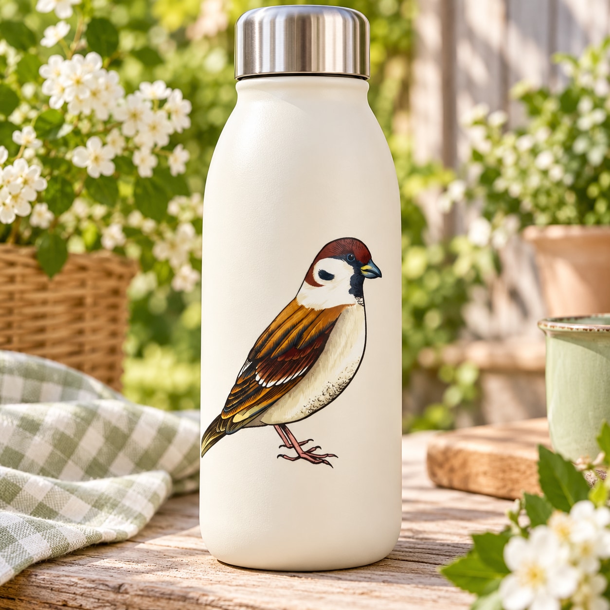 White water bottle with sparrow bird sticker