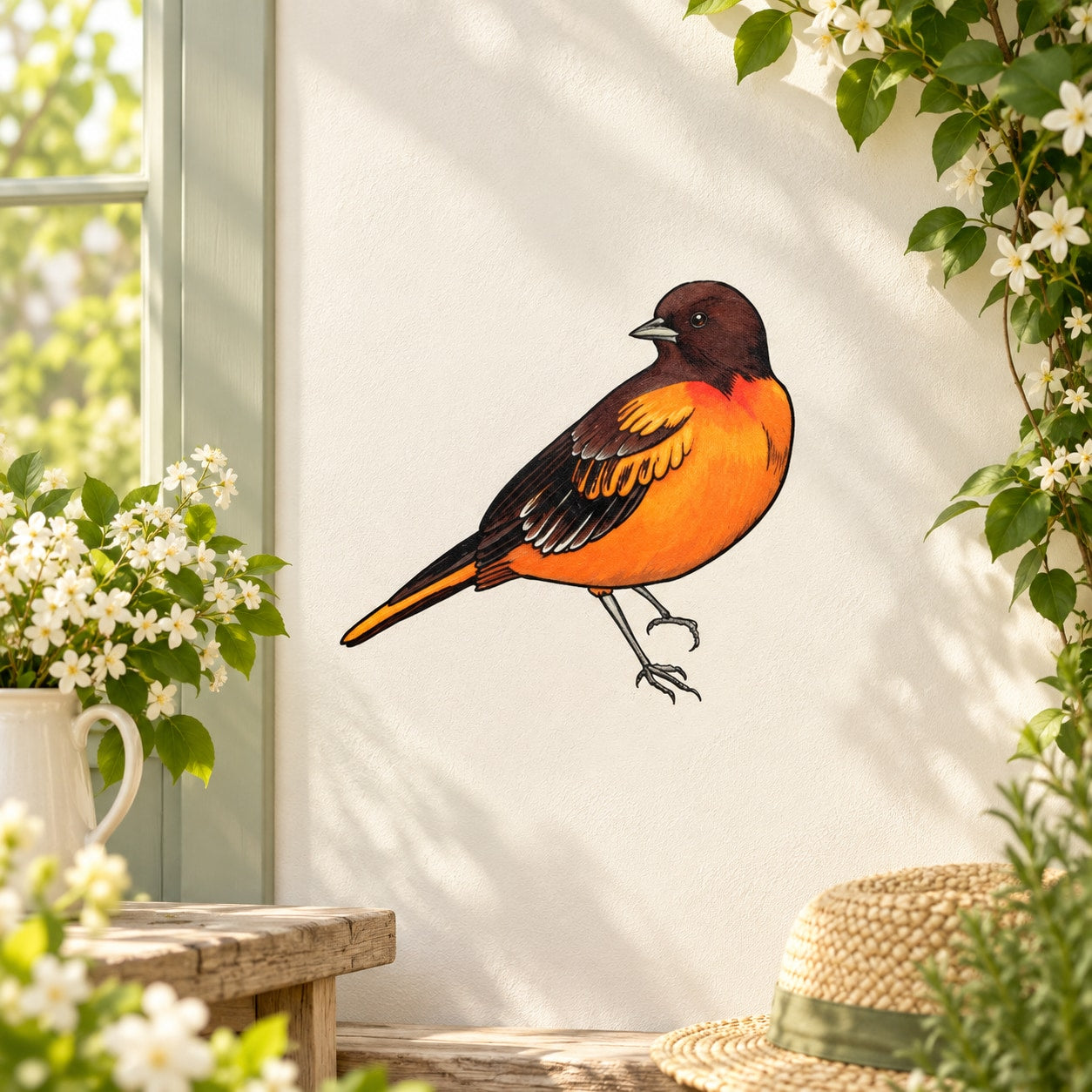 Baltimore oriole bird sticker with orange and black wings, perched on thin feet