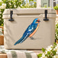 Exotic bird sticker featuring a blue and orange bird on a beige background