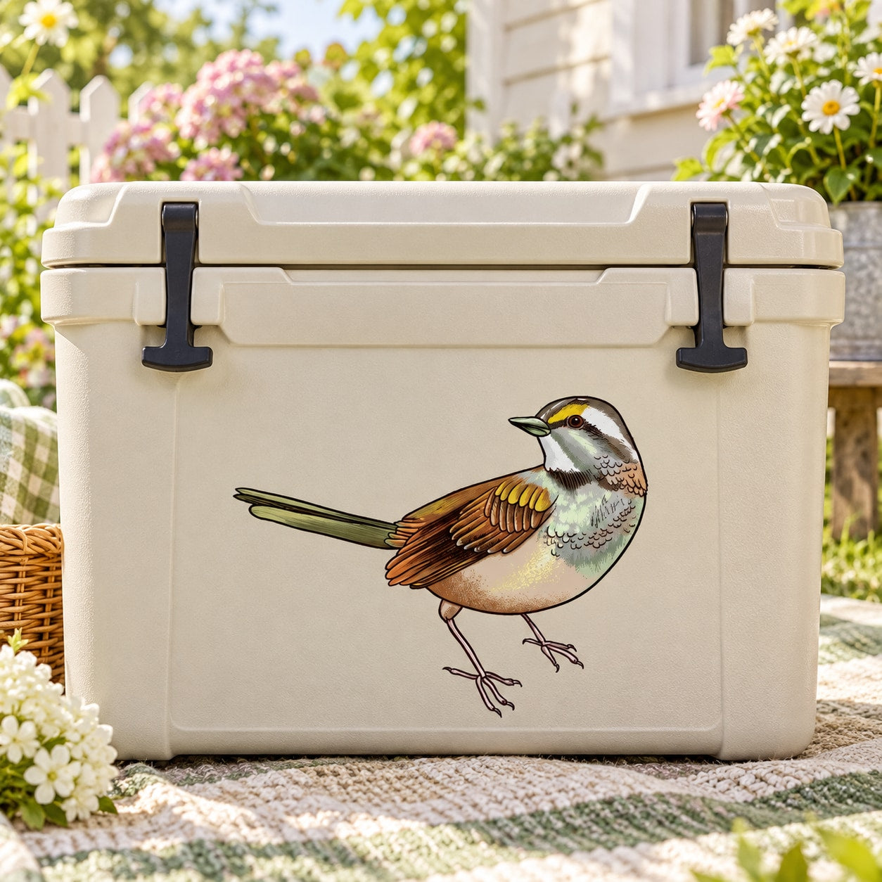 Rectangular bird illustration sticker, looking-over sparrow with colorful feathers
