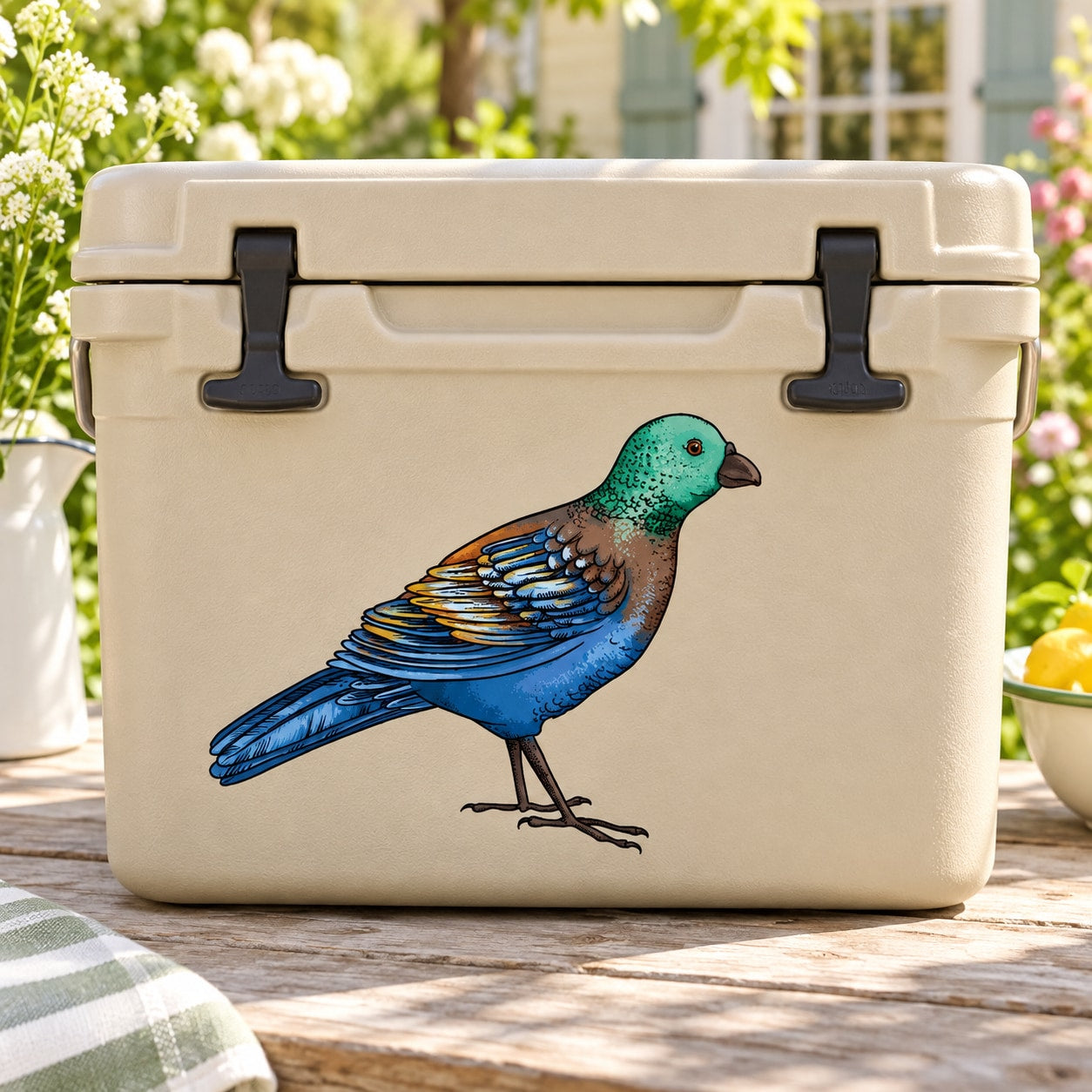 Pigeon sticker on a beige cooler lid, featuring a blue and green bird graphic