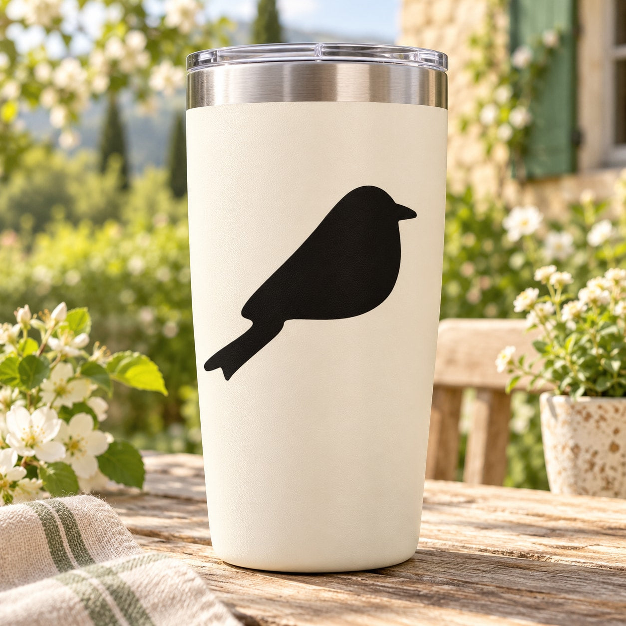 Black bird sitting silhouette decal on light backing