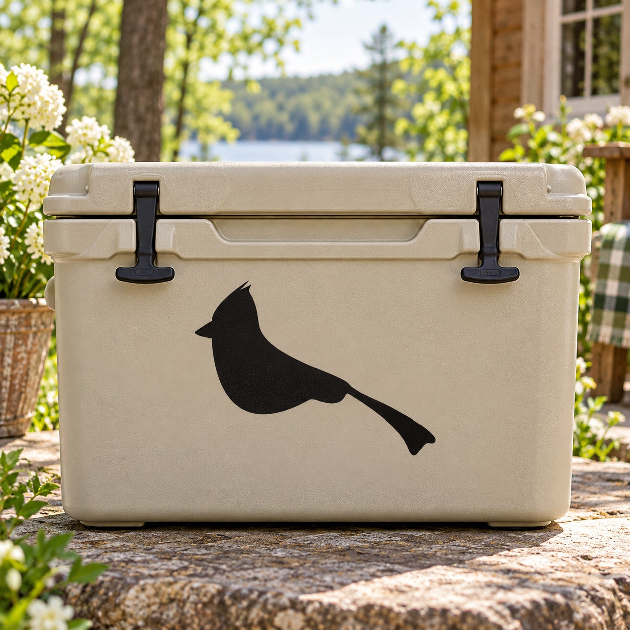 Cardinal bird decal, dark silhouette on light cooler lid