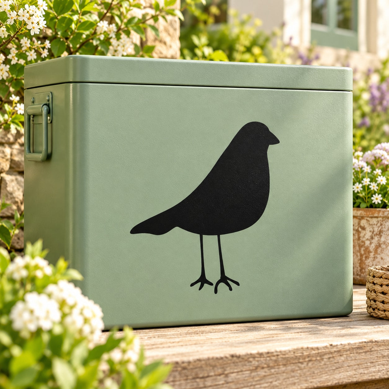 Black bird silhouette decal on light green panel