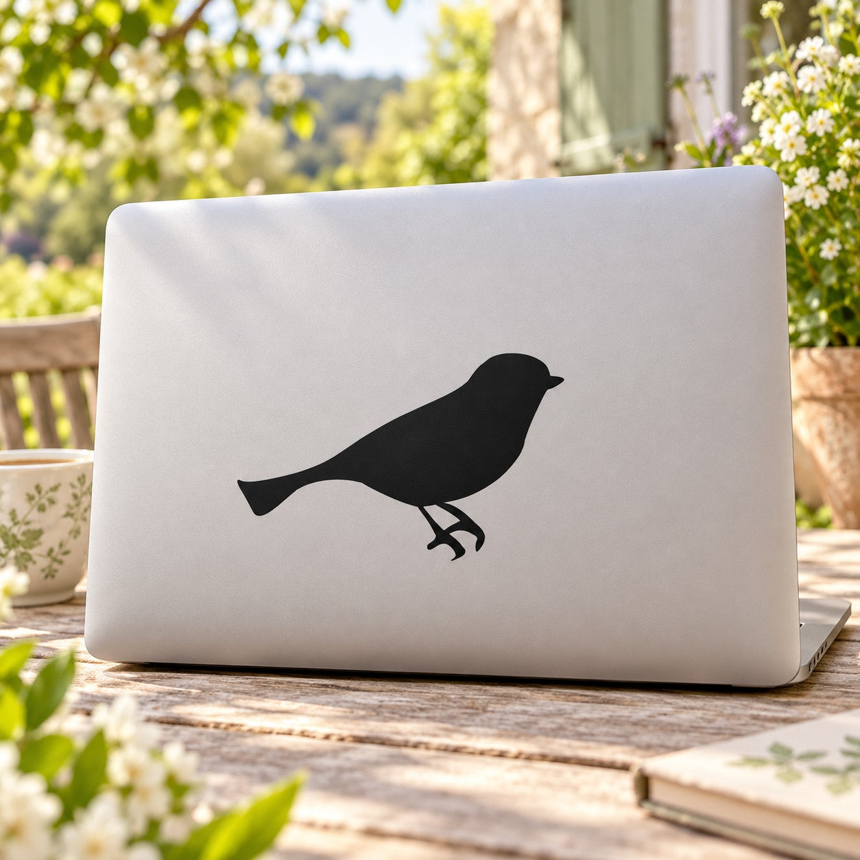 Perched swallow bird decal with black silhouette on a light laptop lid