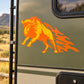 Orange fire bison graphic sticker on dark green surface