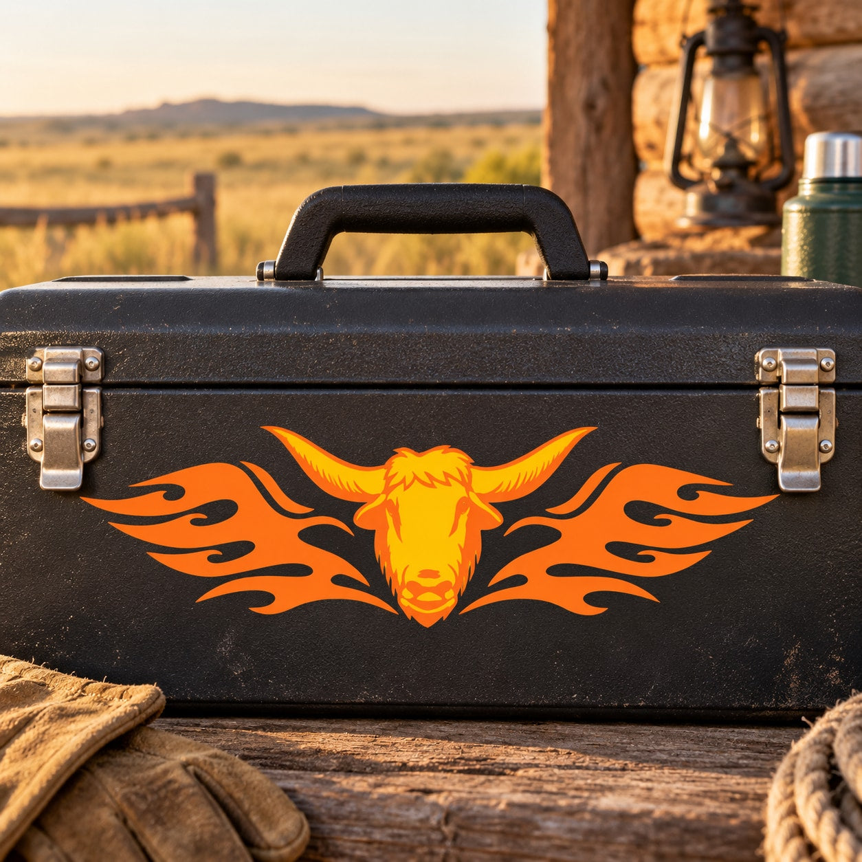 Flaming bison head sticker with orange flames on a black surface
