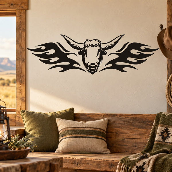 Bison head wall decal with flame-like wing designs in black and beige