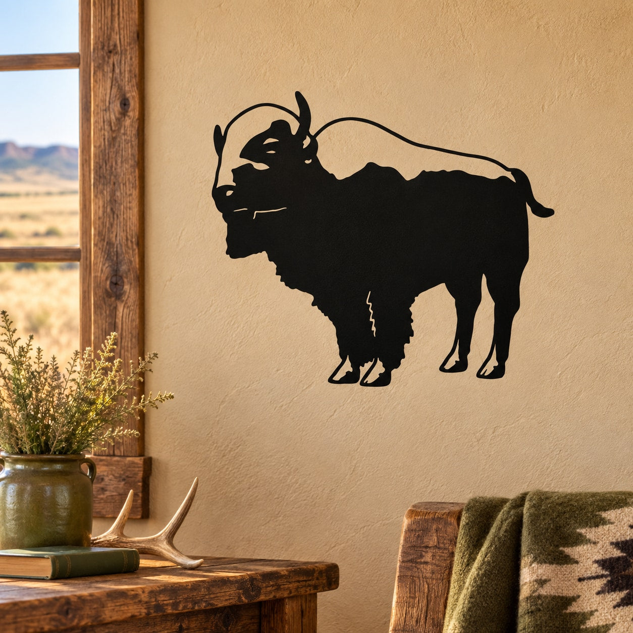 Black bison buffalo silhouette wall decal with detailed horns and body outline