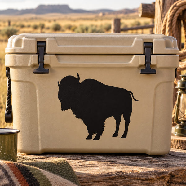 Black bison buffalo silhouette decal on a light beige cooler