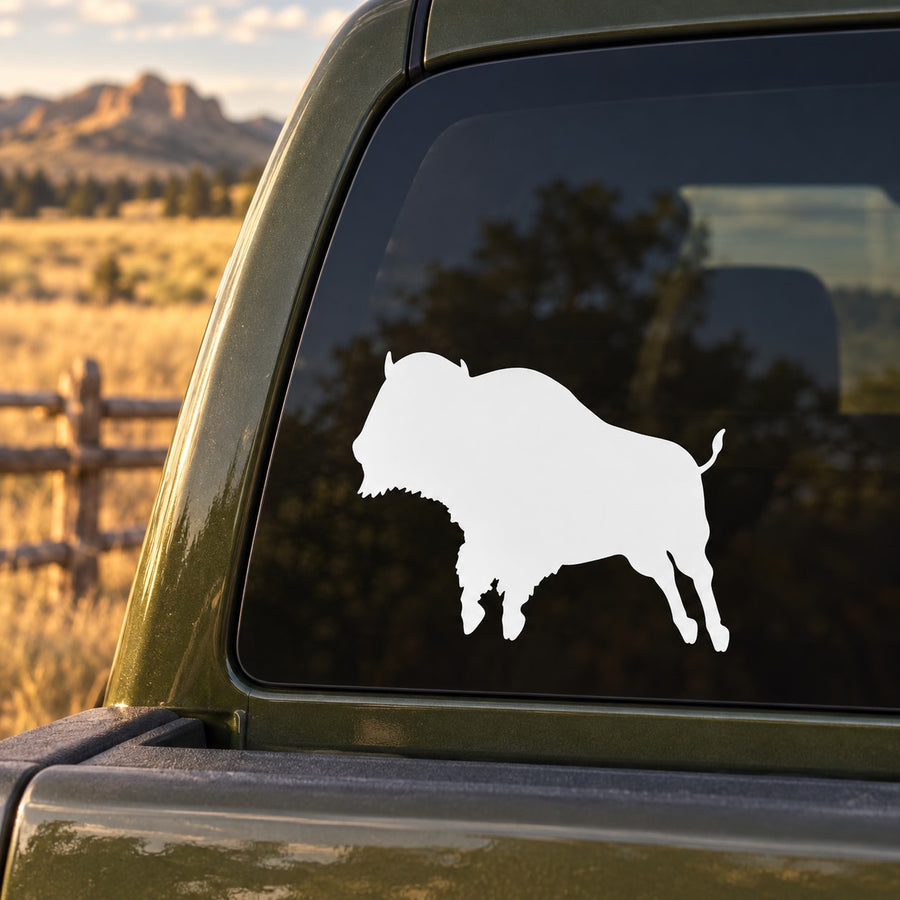 White buffalo jumping silhouette decal on car window