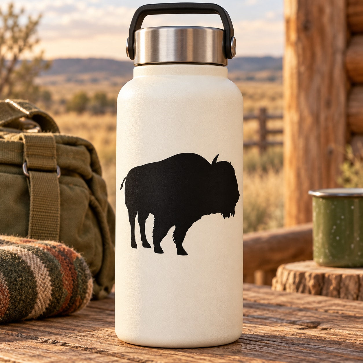 Black buffalo silhouette decal on white bottle