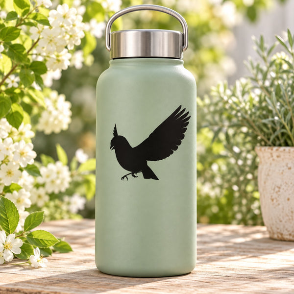 Light green water bottle with black flying bird decal