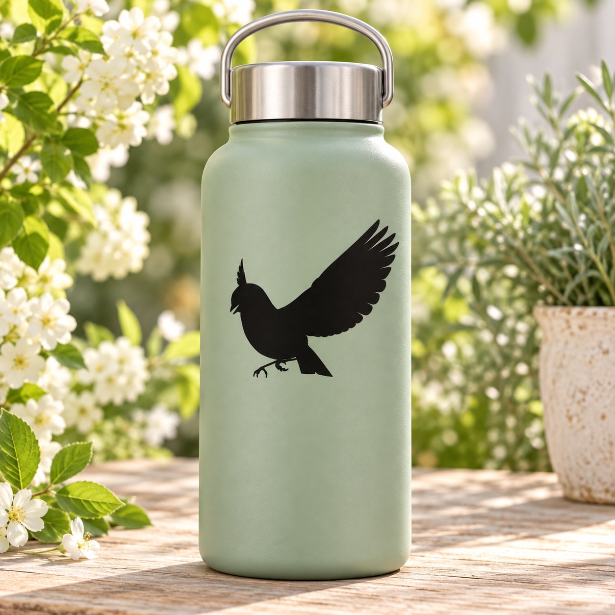 Light green water bottle with black flying bird decal