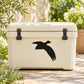 Bluebird descending decal, black bird silhouette on a white cooler surface
