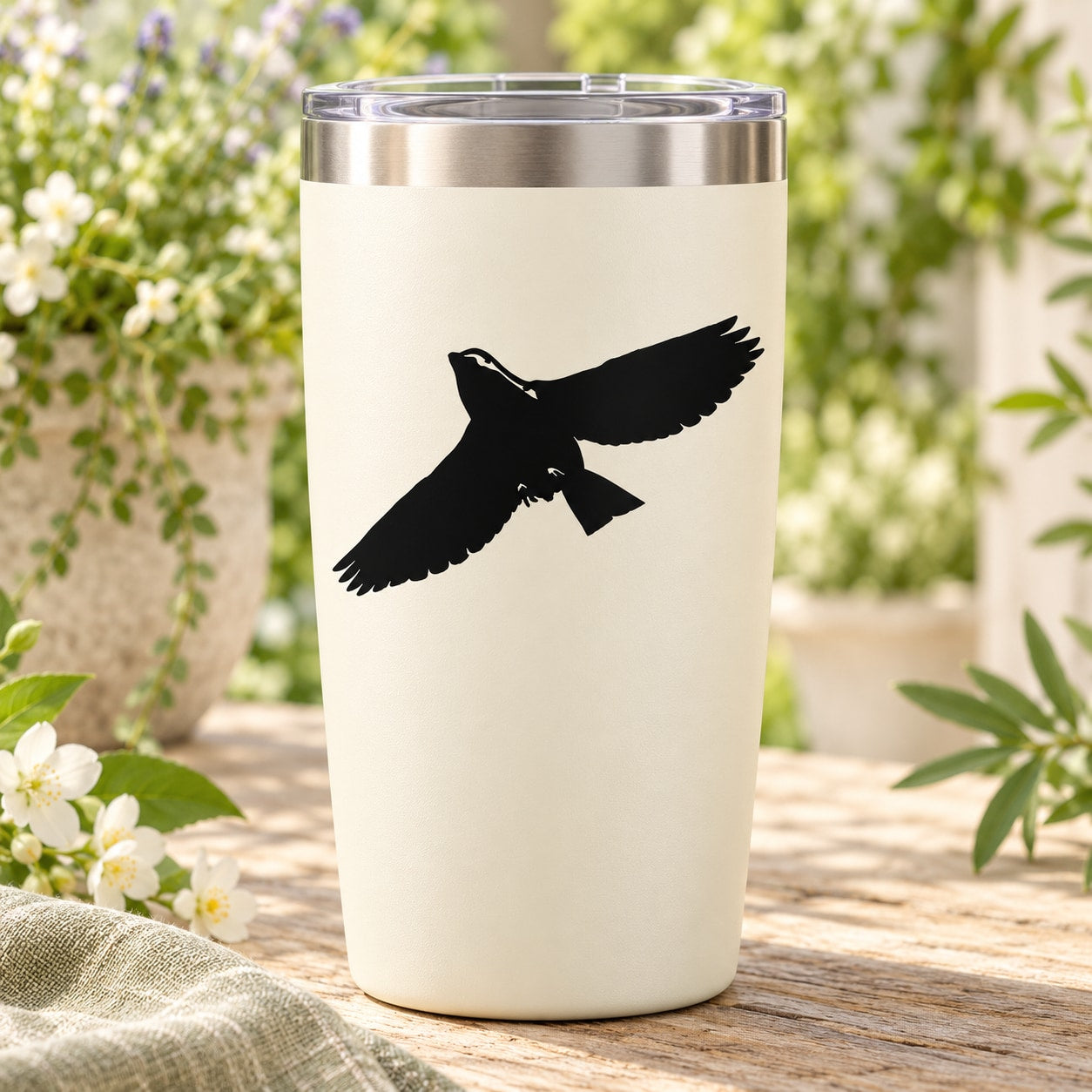 Black bird flying upward vinyl decal on cream tumbler