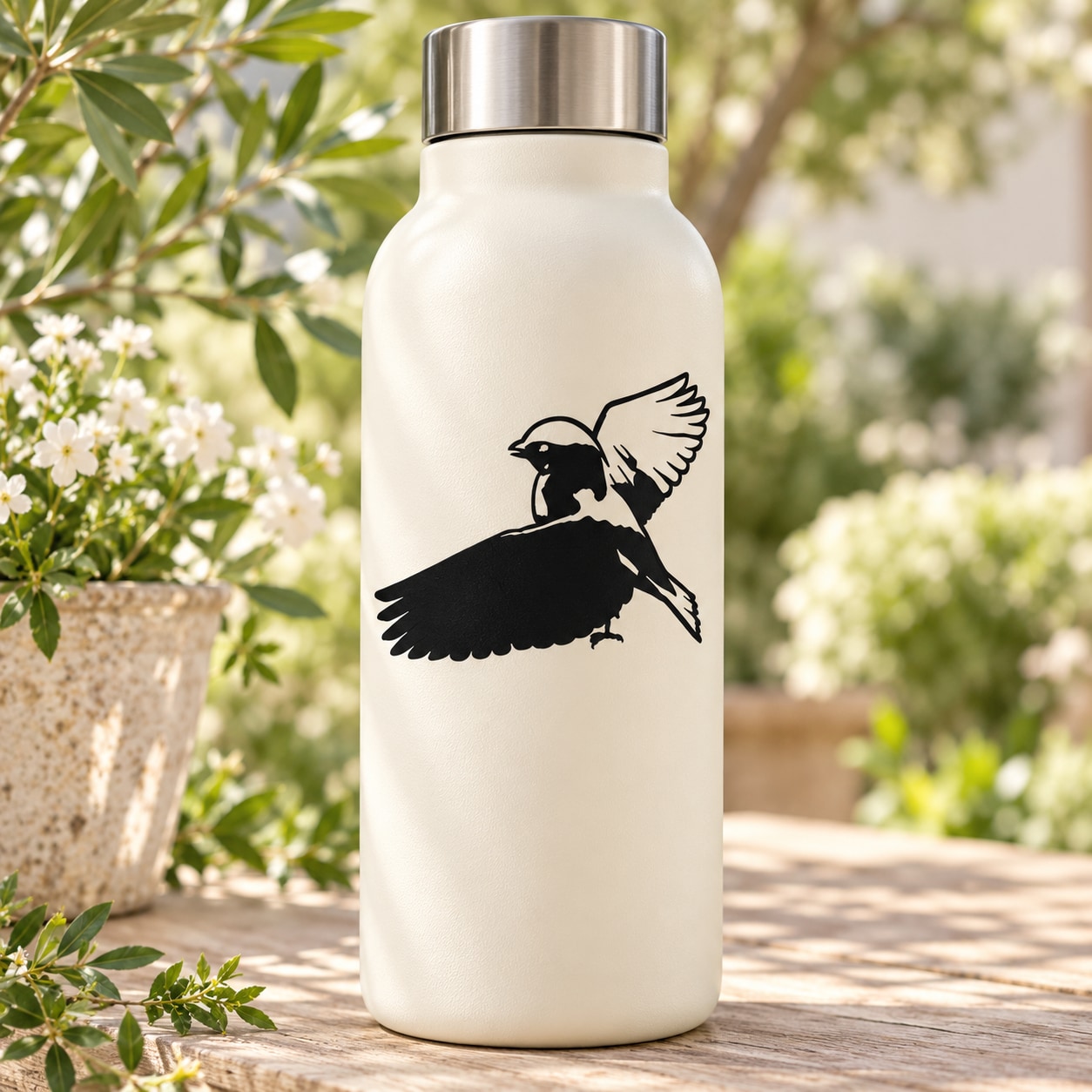 White reusable water bottle with black bird mid-flight decal
