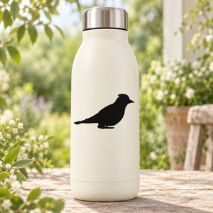 Perched blue jay decal on a white water bottle, black bird silhouette