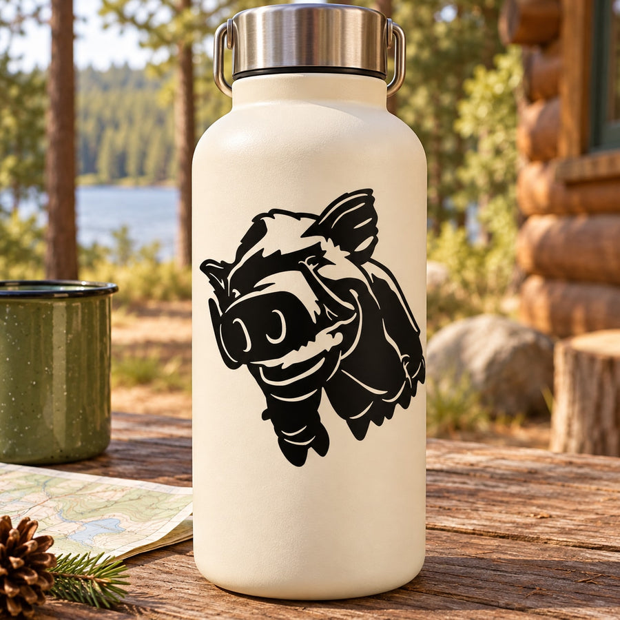 Boar grinning decal on cream water bottle with black cartoon boar graphic