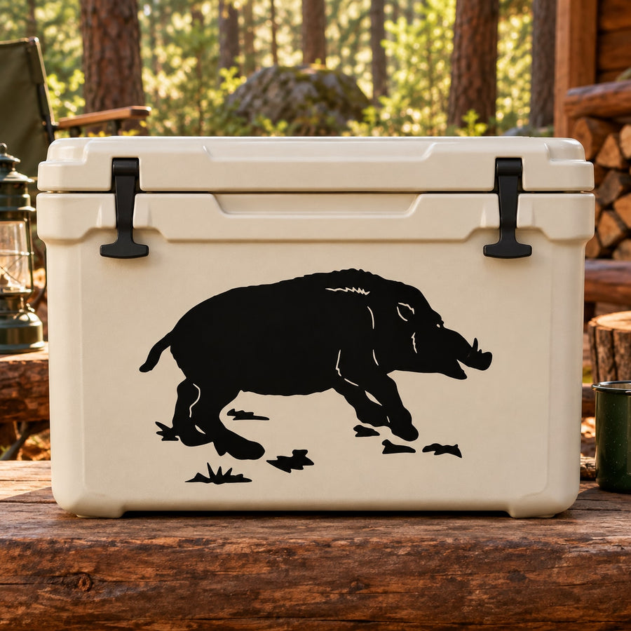 Boar walking decal sticker, black silhouette on a white cooler lid