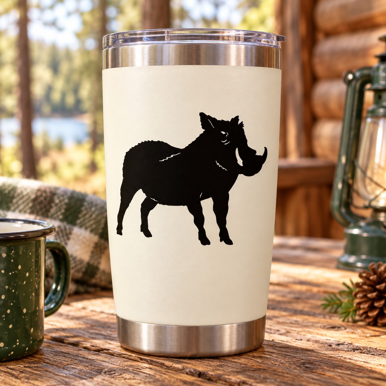 Boar with tusks vinyl decal, black boar silhouette on a white tumbler