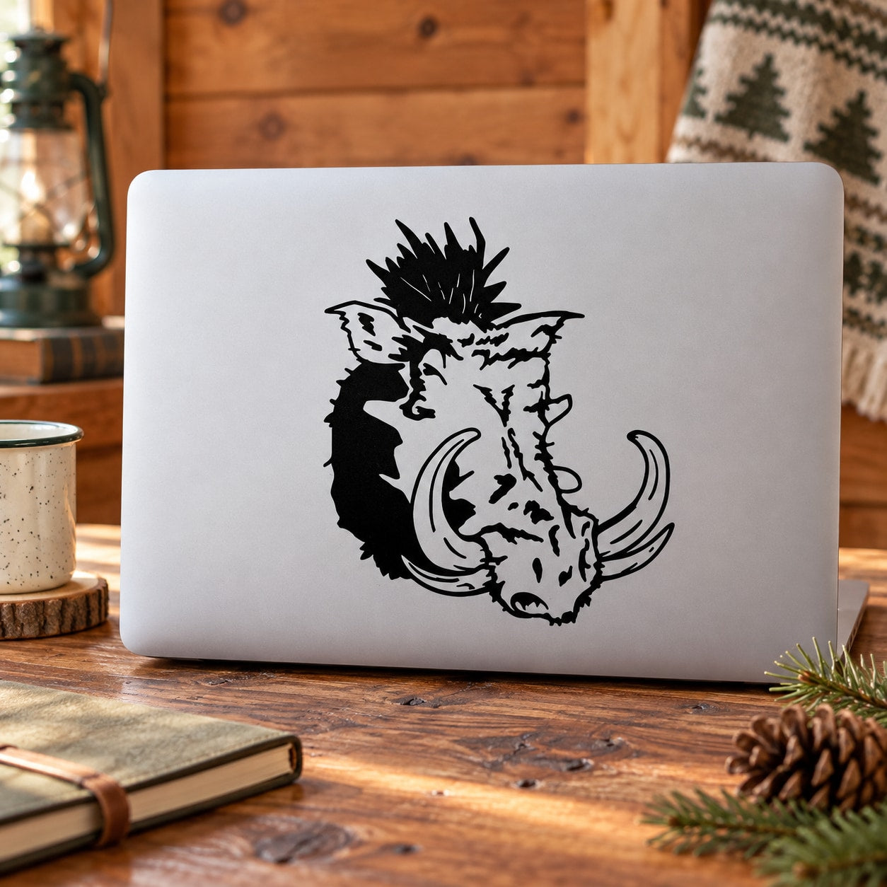Boar head with tusks vinyl decal, black graphic on light background