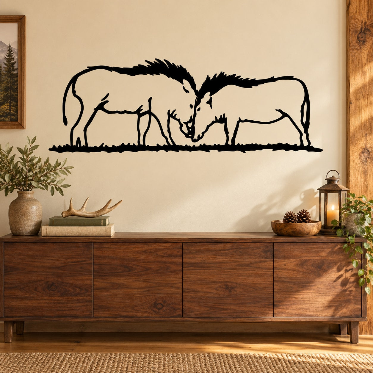 Boar bumping wall decal, black silhouette of two boars