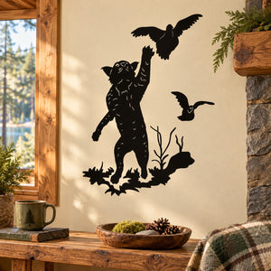 Black bobcat catching bird silhouette wall decal, removable outdoor animal design