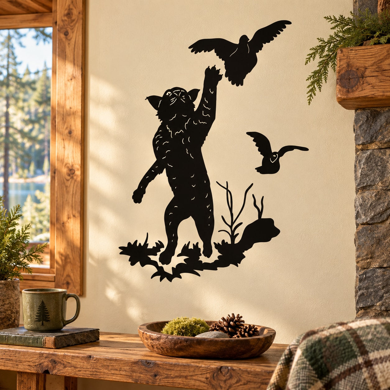 Black bobcat catching bird silhouette wall decal, removable outdoor animal design