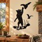 Black bobcat catching bird silhouette wall decal, removable outdoor animal design