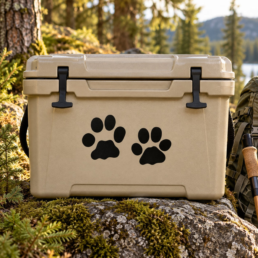 Bobcat tracks paw decal with two black paw prints on light tan surface