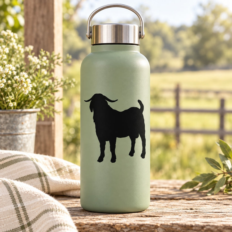 Black standing goat silhouette decal on mint water bottle