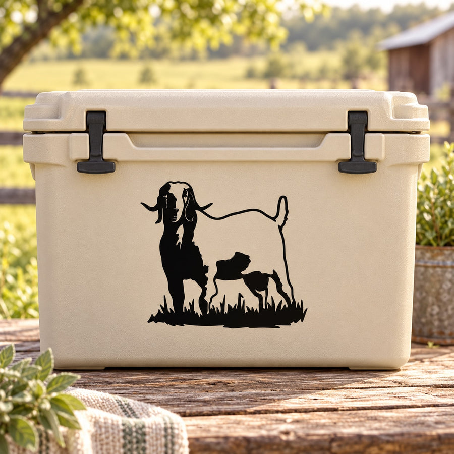 Goat watching decal with black silhouette of goat and woman on white surface