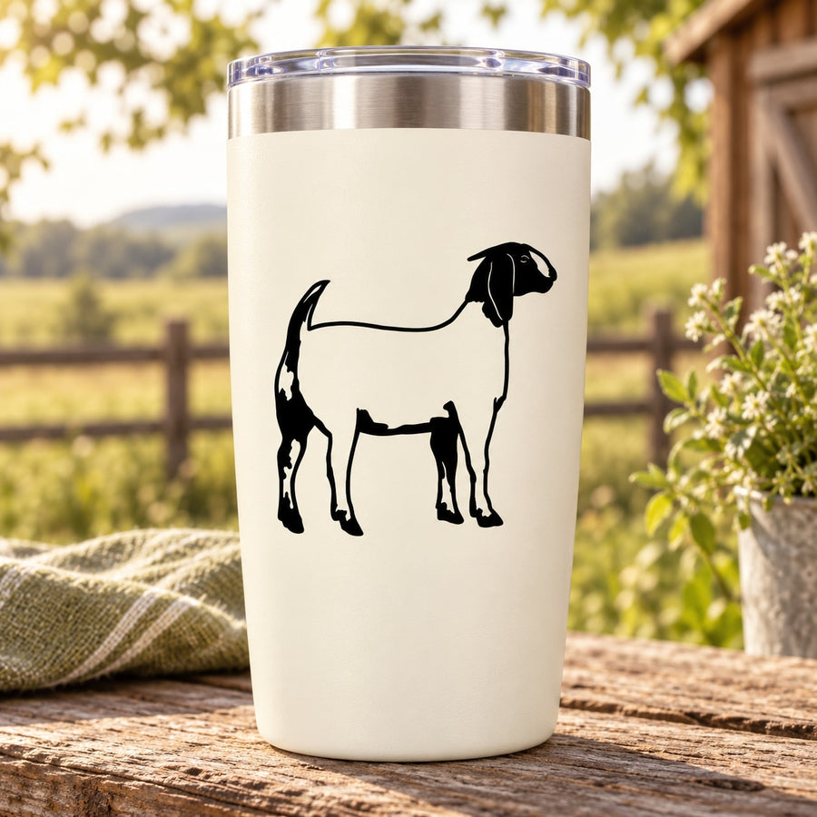 Goat decal featuring a black and white cartoon-style Boer goat on a light tumbler