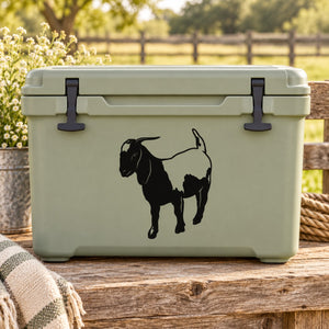 Goat looking down decal on light green outdoor cooler