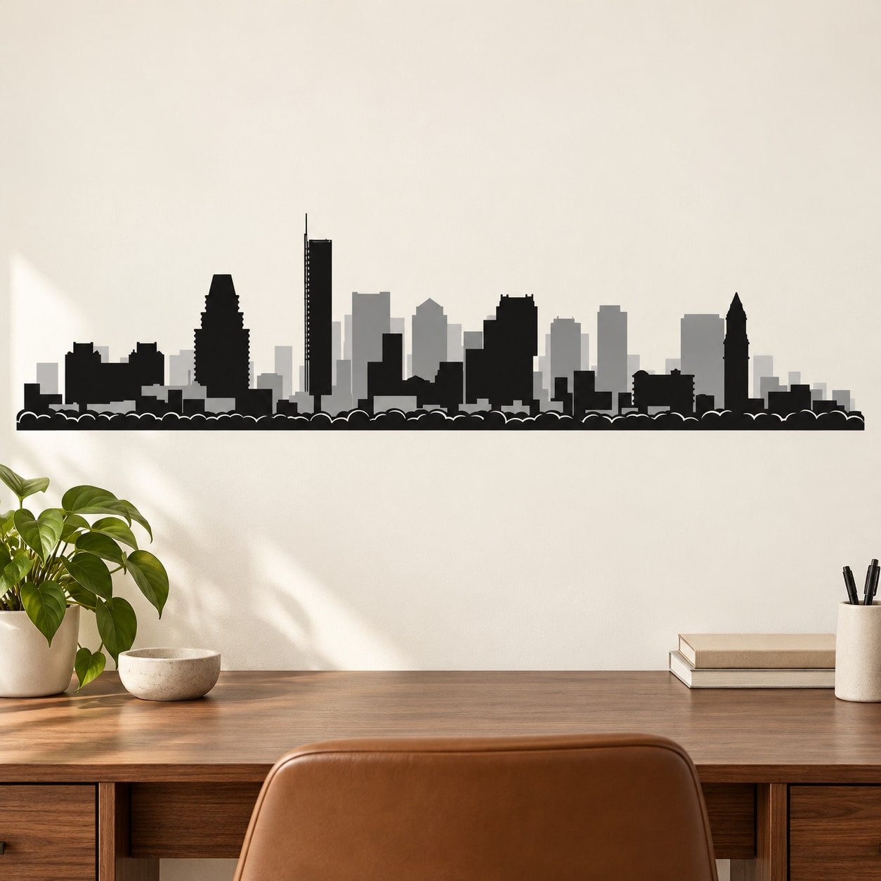 Boston skyline vinyl wall decal, black and gray city silhouette with skyline band