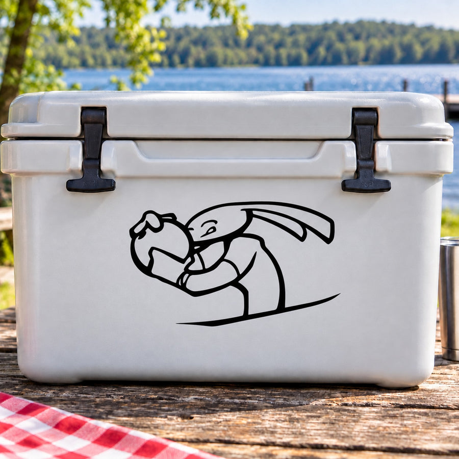 White cooler with black bowling bunny holding ball decal