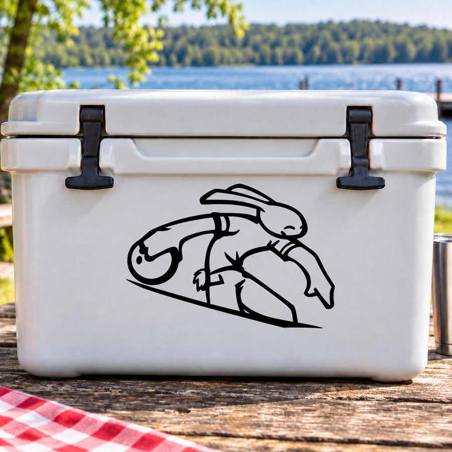 Bowling bunny decal in black line art on white cooler lid