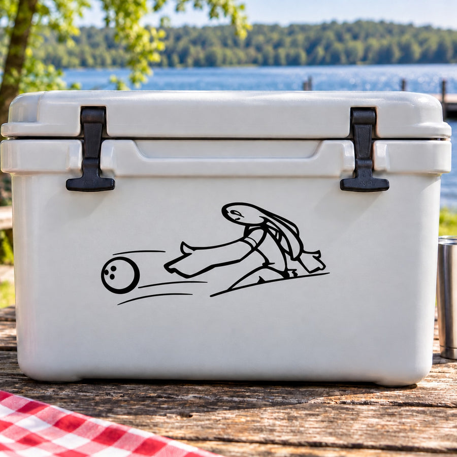 Bunny bowling player decal, black line art of rabbit holding ball and bowling stance