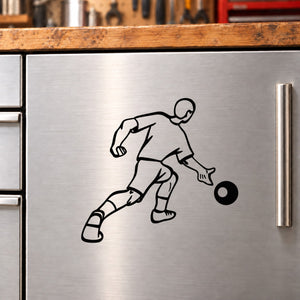 Bowling ball player decal, black line art figure releasing a bowling ball