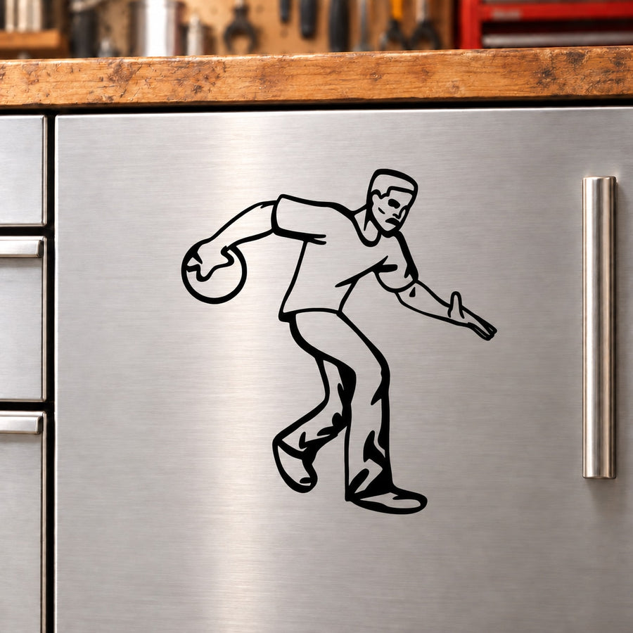 Bowling player decal with black outline figure holding a bowling ball
