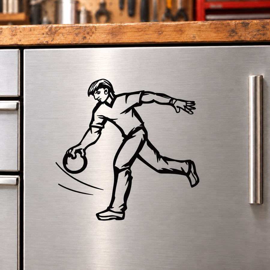 Bowling ball decal of a man swinging a ball, black outline on light background
